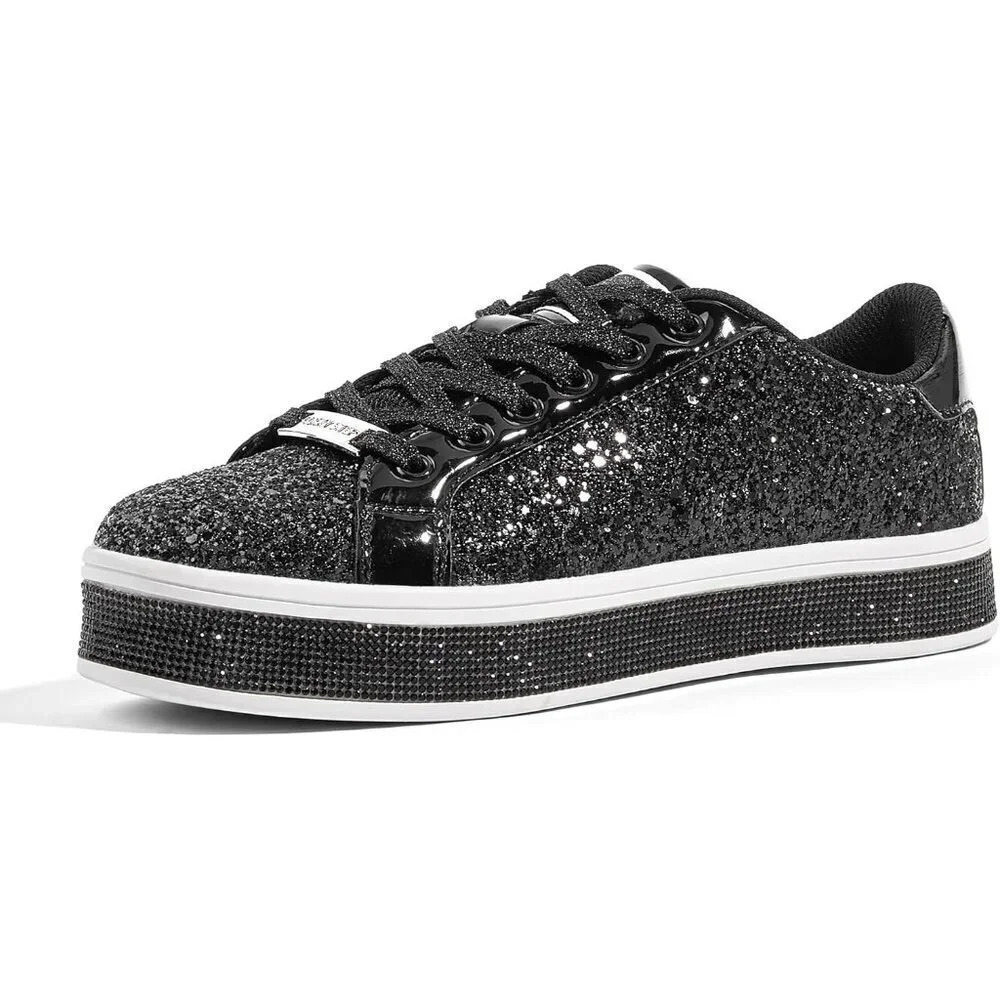 Women's Black Platform Glitter Sneakers | Sparkly Bling Shiny  Dressy